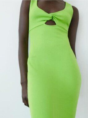 Zara Neon Green Ribbed Midi Dress – Cutout Twist Front Bodycon